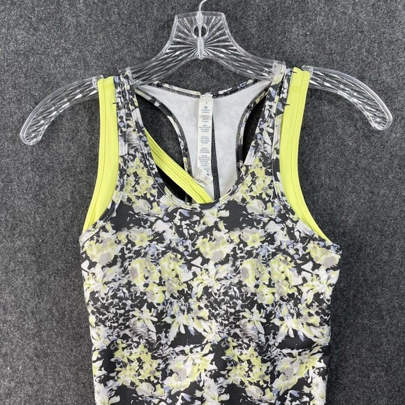 Lululemon Inspiration Tank II Crosscourt Petal Black Clarity Yellow Size 2 EUC - Picture 2 of 7